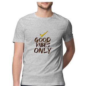 'GOOD VIBES ONLY" Half Sleeves Round Neck T-Shirt Melange Grey