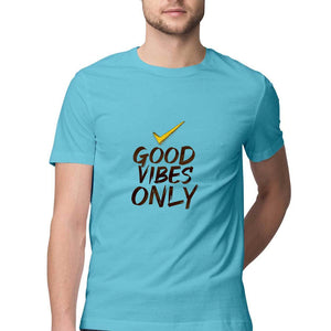 "GOOD VIBES ONLY" Half Sleeves Round Neck T-Shirt Sky Blue