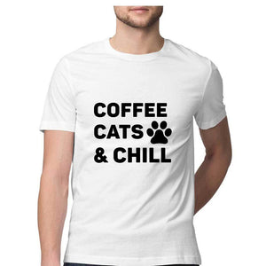 'COFFEE CATS & CHILL" Half Sleeves Round Neck T-Shirt White