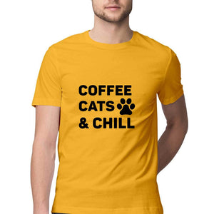 'COFFEE CATS & CHILL" Half Sleeves Round Neck T-Shirt Golden Yellow