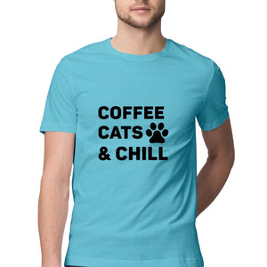 "COFFEE CATS & CHILL" Half Sleeves Round Neck T-Shirt Sky Blue