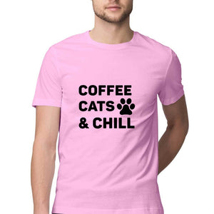 "COFFEE CATS & CHILL" Half Sleeves Round Neck T-Shirt Light Pink