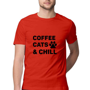 "COFFEE CATS & CHILL" Half Sleeves Round Neck T-Shirt Red