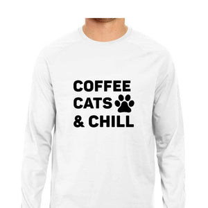 "COFFEE CATS & CHILL" Full Sleeves Round Neck T-Shirt White