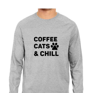 "COFFEE CATS & CHILL" Full Sleeves Round Neck Melange Grey