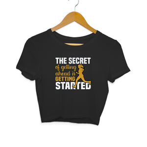 "SECRET TO GET START" Crop Tops Black