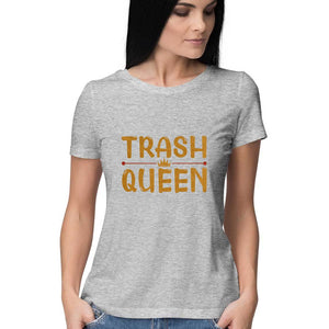 "TRASH QUEEN" Half Sleeves Round Neck T-Shirt Melange Grey