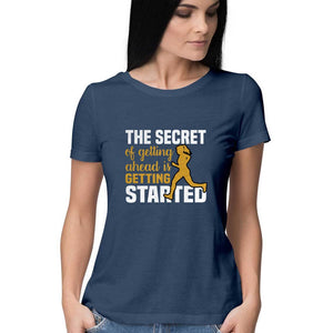 "SECRET OF GETTING AHEAD" Half Sleeves Round Neck T-Shirt Navy Blue