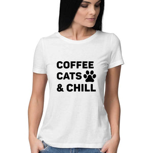 " COFFEE CATS & CHILL" Half Sleeves Round Neck T-Shirt White