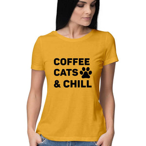 "COFFEE CATS & CHILL" Half Sleeves Round Neck T-Shirt Golden Yellow