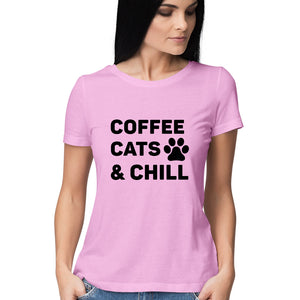 "COFFEE CATS & CHILL" Half Sleeves Round Neck T-Shirt Light Pink