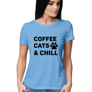 "COFFEE CATS & CHILL" Half Sleeves Round Neck T-Shirt Sky Blue