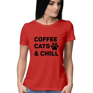 "COFFEE CATS & CHILL" Half Sleeves Round Neck T-Shirt Red