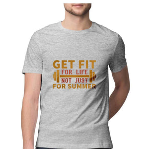 "GET FIT FOR LIFE" Half Sleeves Round Neck T-Shirt Melange Grey