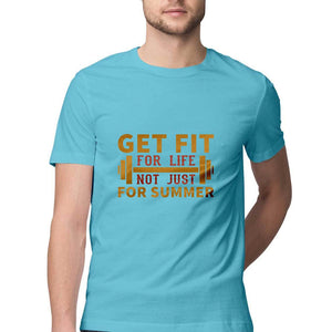 "GET FIT FOR LIFE" Half Sleeves Round Neck T-Shirt Sky Blue