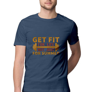 "GET FIT FOR LIFE" Half Sleeves Round Neck T-Shirt Navy Blue