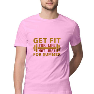 "GET FIT FOR LIFE" Half Sleeves Round Neck T-Shirt Light Pink