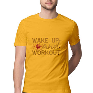 "WAKE UP & WORK OUT"  Half Sleeves Round Neck T-Shirt Golden Yellow