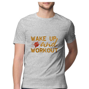 "WAKE UP & WORK OUT" Half Sleeves Round Neck T-Shirt Melange Grey