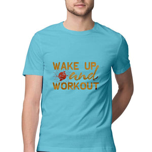 "WAKE UP & WORK OUT" Half Sleeves Round Neck T-Shirt Sky Blue