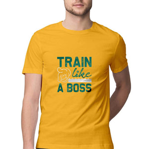 "TRAIN LIKE A BOSS" Half Sleeves Round Neck T-Shirt Golden Yellow