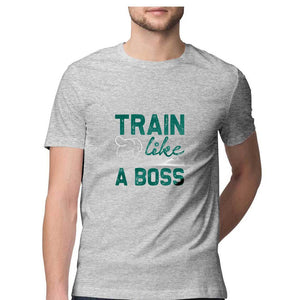 'TRAIN LIKE A BOSS" Half Sleeves Round Neck T-Shirt Melange Grey