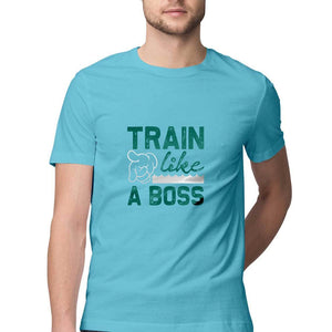 "TRAIN LIKE A BOSS" Half Sleeves Round Neck T-Shirt Sky Blue