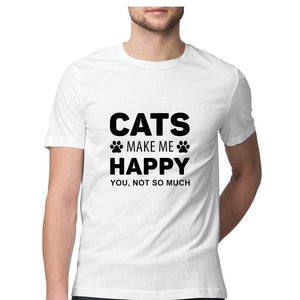 CAT'S MAKE ME HAPPY" Half Sleeves Round Neck T-Shirt White