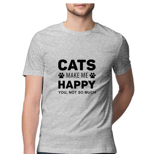 "CATS MAKE ME HAPPY" Half Sleeves Round Neck T-Shirt Melange Grey