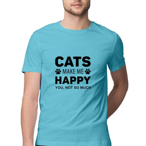 "CATS MAKE ME HAPPY" Half Sleeves Round Neck T-Shirt Sky Blue