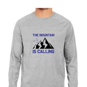 "THE MOUNTAIN IS CALLING" Full Sleeves Round Neck T-Shirt Melange Grey