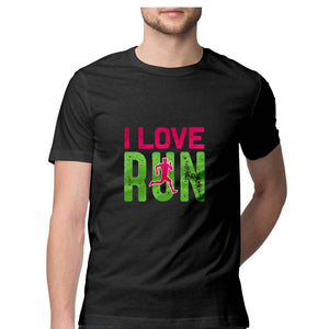 "I LOVE RUN"Half Sleeves Round Neck T-Shirt Black