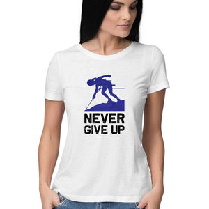 "NEVER GIVE UP" Half Sleeves Round Neck T-Shirt White