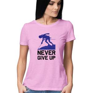 "NEVER GIVE UP" Half Sleeves Round Neck T-Shirt Light Pink