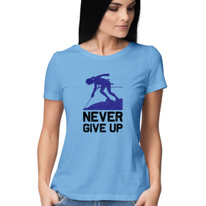 "NEVER GIVE UP" Half Sleeves Round Neck T-Shirt Sky Blue