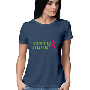 "RUNNING MOM" Half Sleeves Round Neck T-Shirt Navy Blue