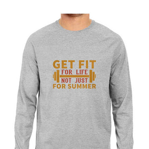 "GET FIT FOR LIFE" Full Sleeves Round Neck T-Shirt  Melange Grey