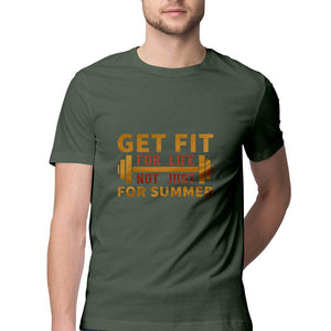 "GET FIT FOR LIFE"  Half Sleeves Round Neck T-Shirt Olive Green